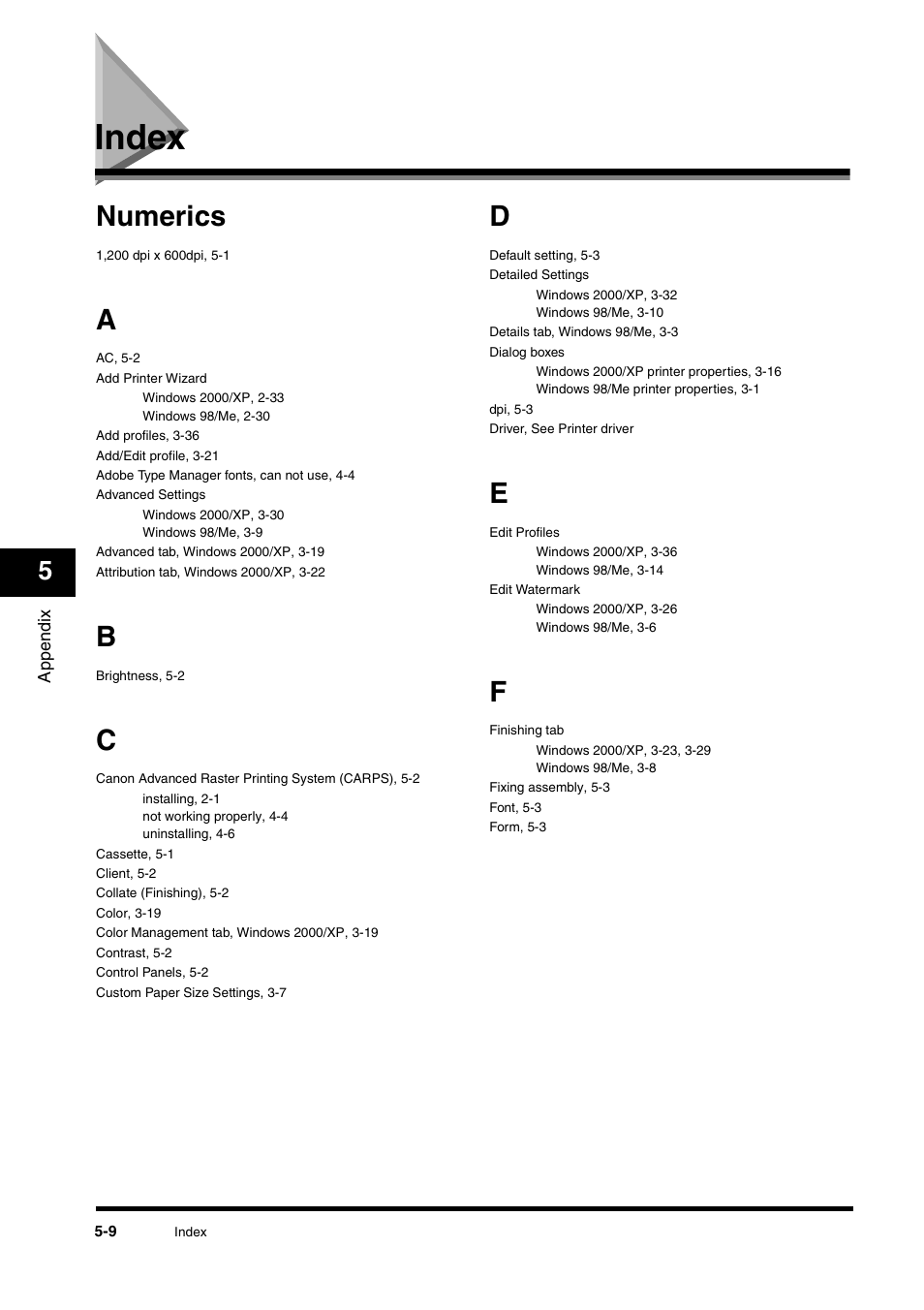 Index, Index -9, Numerics | Canon FAX-L380 User Manual | Page 101 / 104