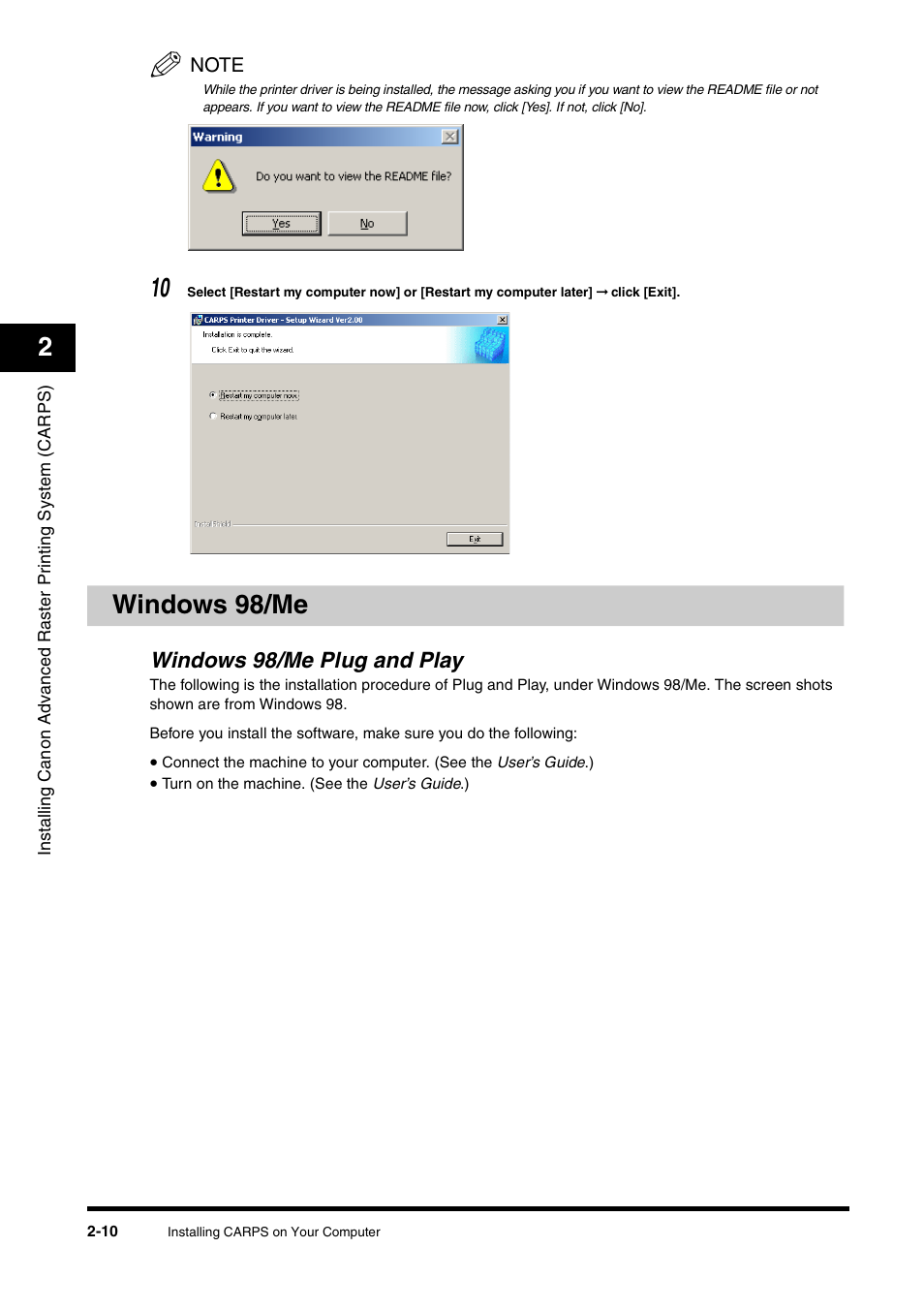 Windows 98/me, Windows 98/me plug and play, Windows 98/me -10 | Windows 98/me plug and play -10 | Canon FAX-L380 User Manual | Page 19 / 104