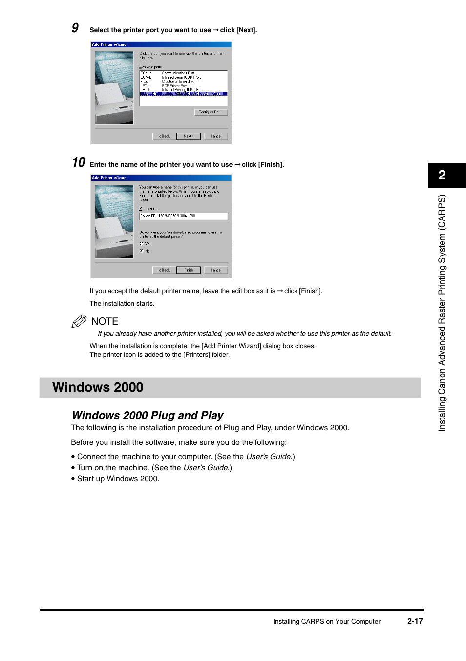 Windows 2000, Windows 2000 plug and play, Windows 2000 -17 | Windows 2000 plug and play -17 | Canon FAX-L380 User Manual | Page 26 / 104