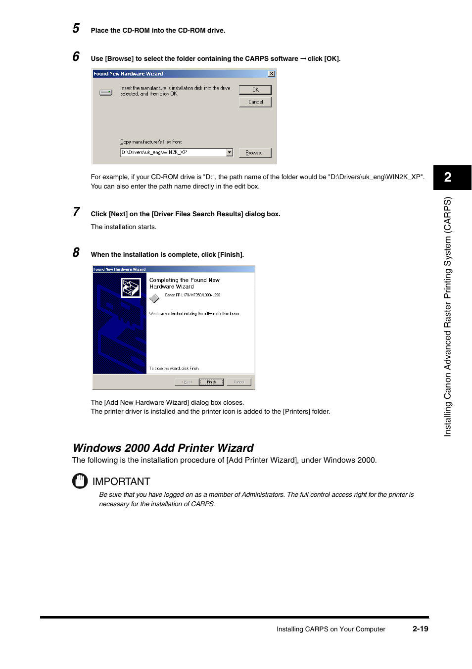Windows 2000 add printer wizard, Windows 2000 add printer wizard -19 | Canon FAX-L380 User Manual | Page 28 / 104