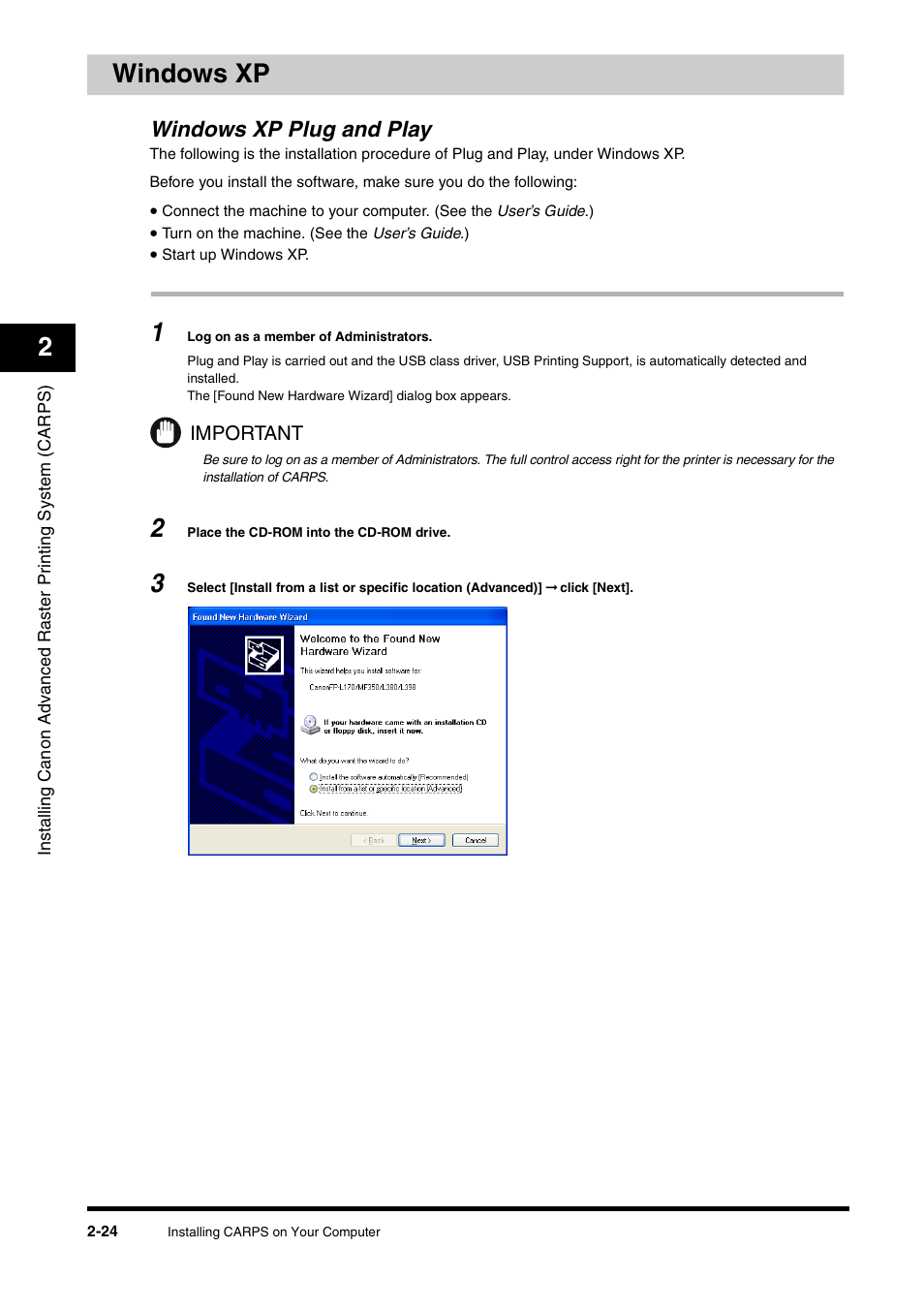 Windows xp, Windows xp plug and play, Windows xp -24 | Windows xp plug and play -24, 2windows xp | Canon FAX-L380 User Manual | Page 33 / 104