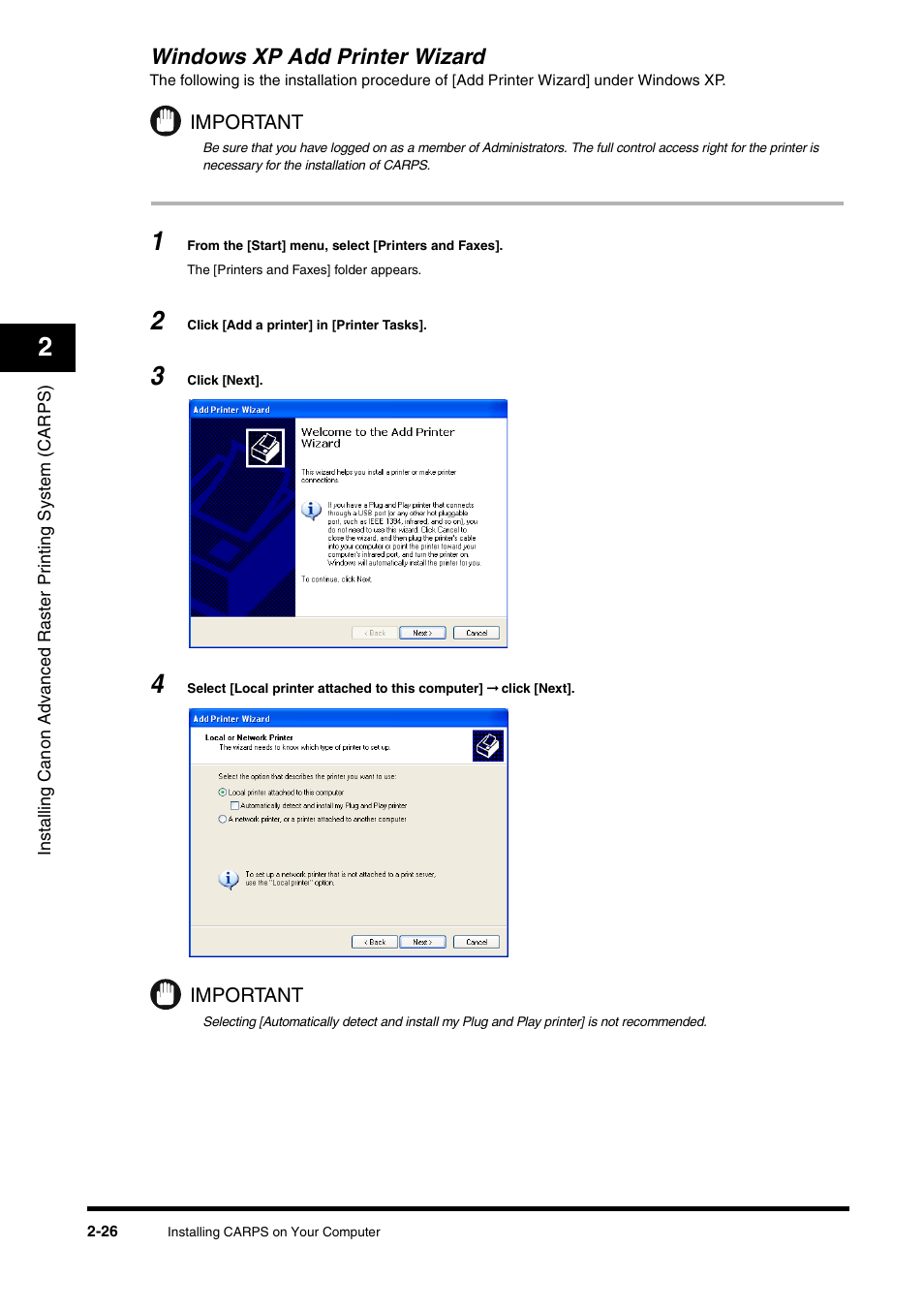 Windows xp add printer wizard, Windows xp add printer wizard -26 | Canon FAX-L380 User Manual | Page 35 / 104