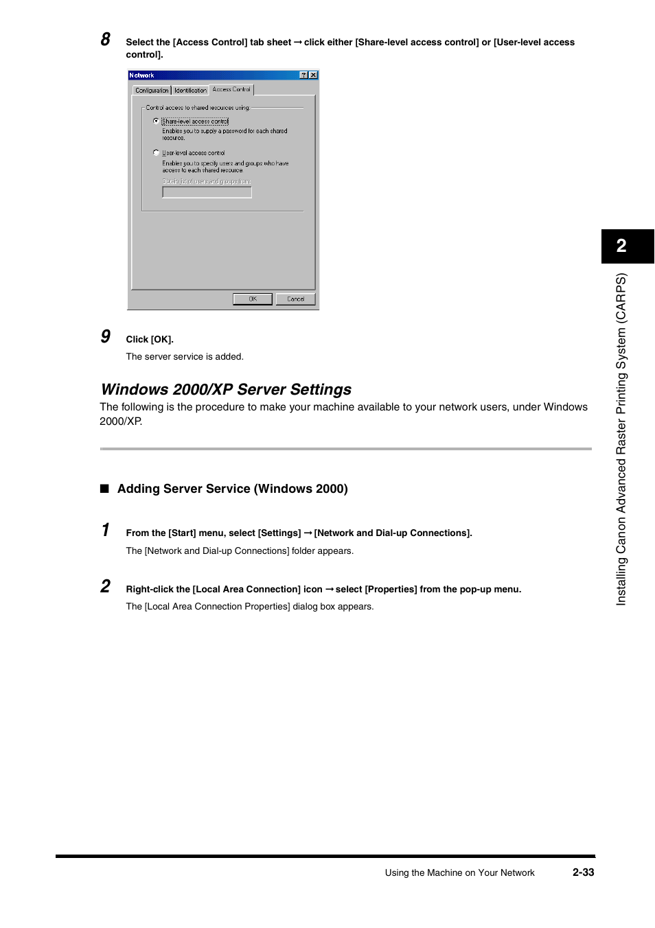 Windows 2000/xp server settings, Windows 2000/xp server settings -33 | Canon FAX-L380 User Manual | Page 42 / 104