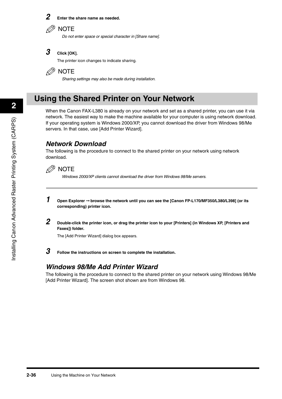 Using the shared printer on your network, Network download, Windows 98/me add printer wizard | Using the shared printer on your network -36 | Canon FAX-L380 User Manual | Page 45 / 104