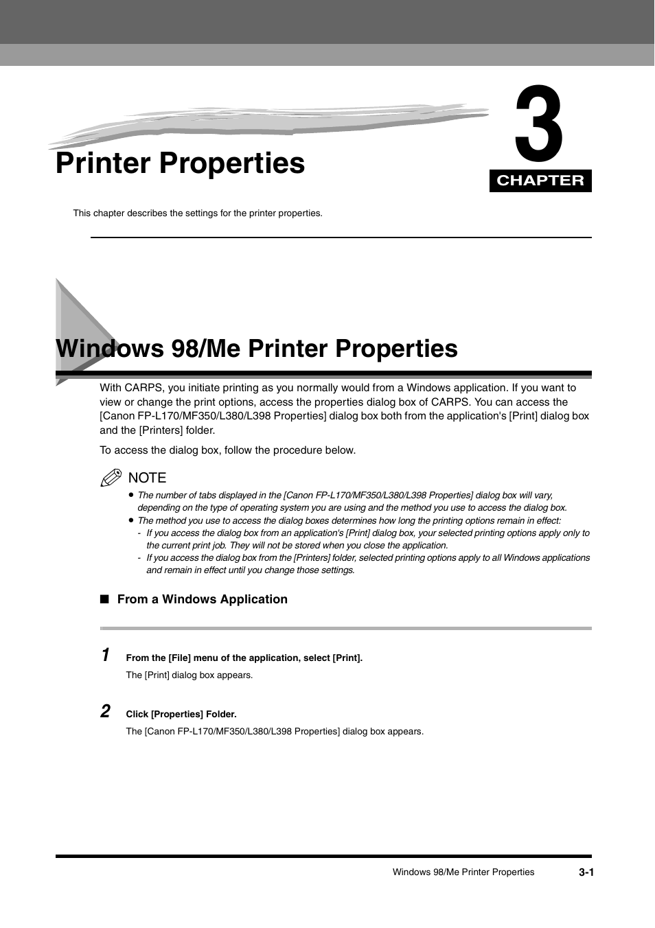 Chapter 3 printer properties, Windows 98/me printer properties, Chapter 3 | Printer properties, Windows 98/me printer properties -1 | Canon FAX-L380 User Manual | Page 48 / 104