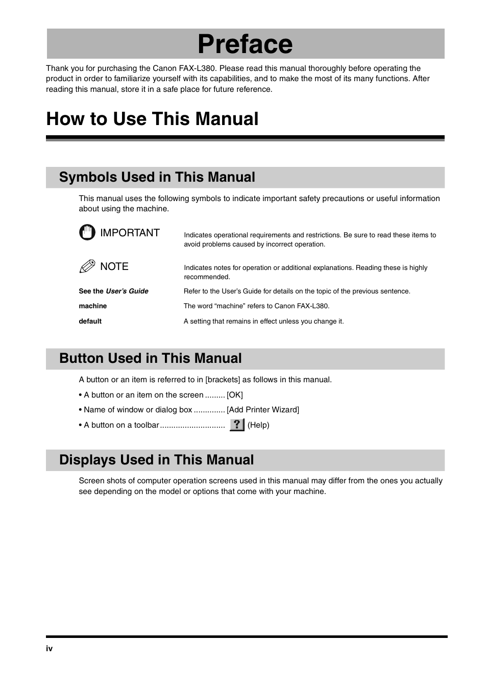 Preface, How to use this manual, Symbols used in this manual | Button used in this manual, Displays used in this manual | Canon FAX-L380 User Manual | Page 5 / 104