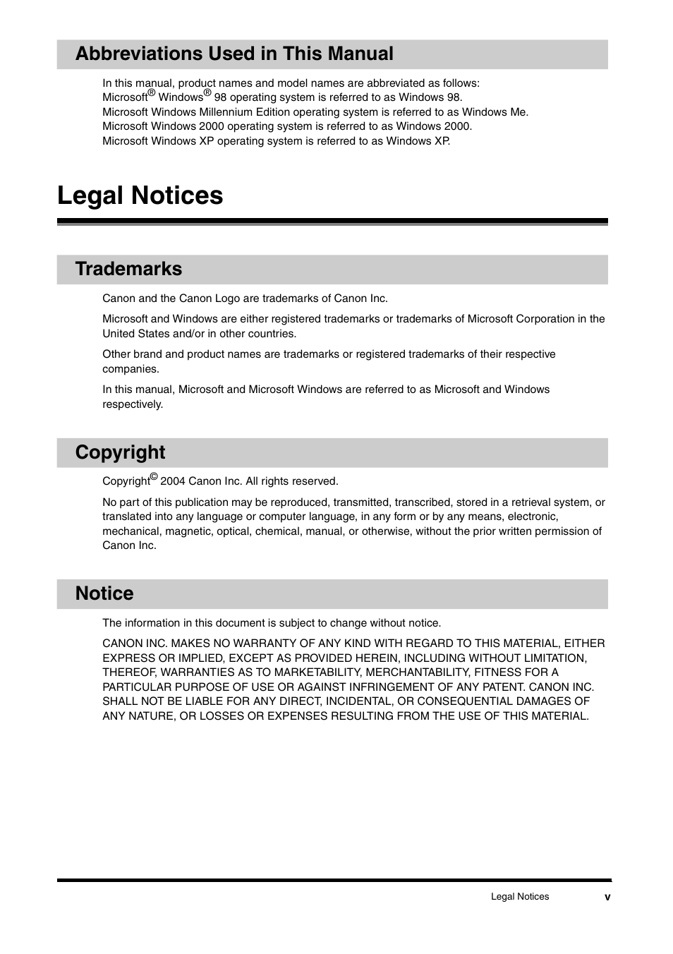 Abbreviations used in this manual, Legal notices, Trademarks | Copyright, Notice | Canon FAX-L380 User Manual | Page 6 / 104