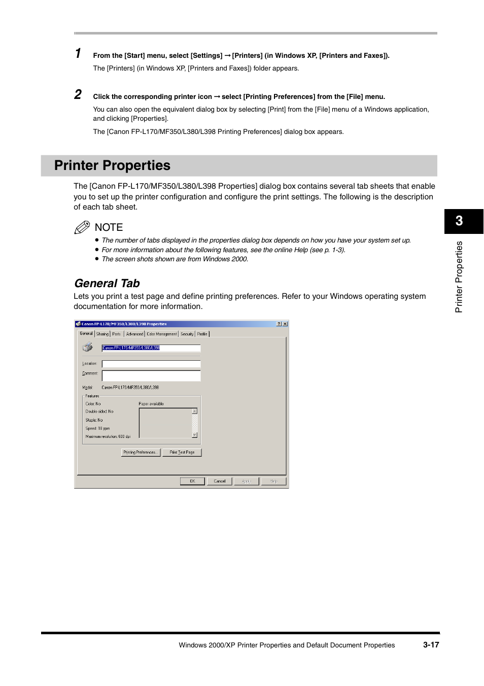 Printer properties, General tab, Printer properties -17 | General tab -17 | Canon FAX-L380 User Manual | Page 64 / 104