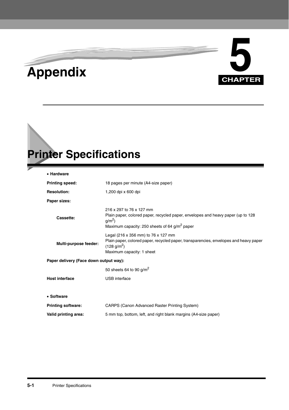 Chapter 5 appendix, Printer specifications, Chapter 5 | Appendix, Printer specifications -1 | Canon FAX-L380 User Manual | Page 93 / 104