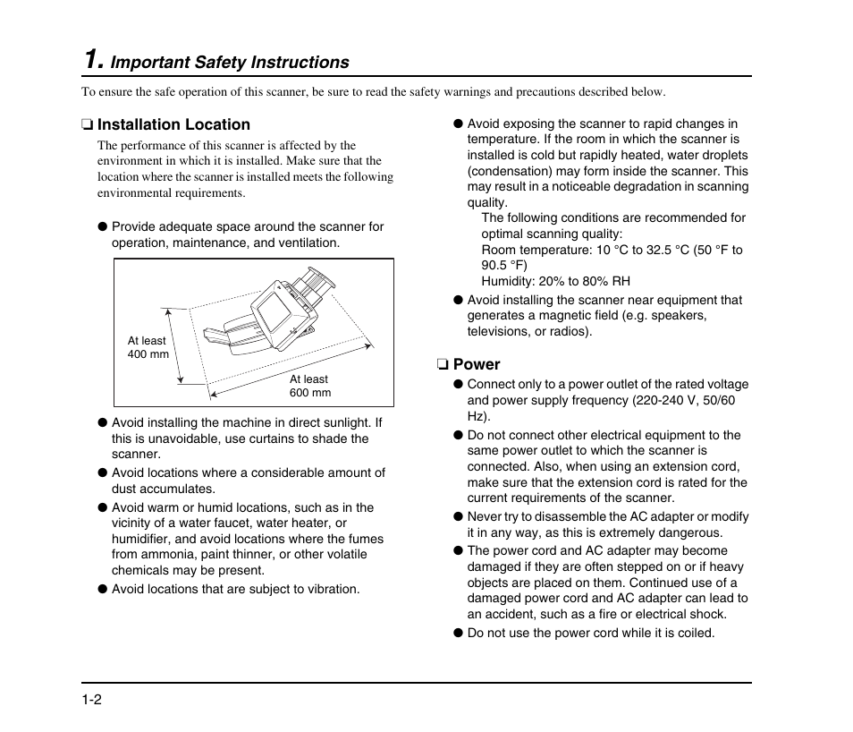 Important safety instructions, Installation location, Power | Important safety instructions -2, Installation location -2 power -2 | Canon SCANFRONT M11058 User Manual | Page 12 / 88