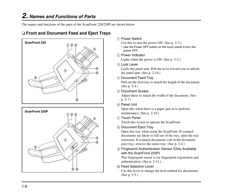 Names and functions of parts, Front and document feed and eject trays, Names and functions of parts -6 | Front and document feed and eject trays -6 | Canon SCANFRONT M11058 User Manual | Page 16 / 88