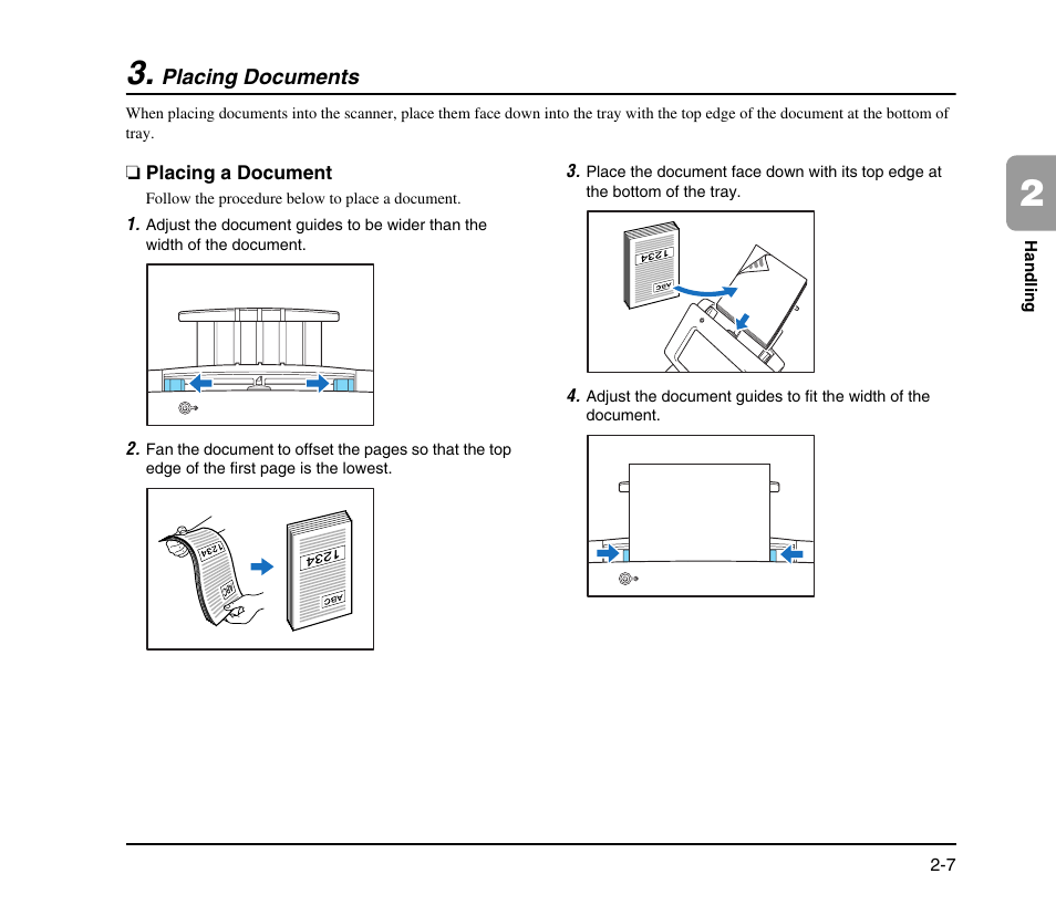 Placing documents, Placing a document, Placing documents -7 | Placing a document -7, Document. (see p. 2-7.) | Canon SCANFRONT M11058 User Manual | Page 25 / 88