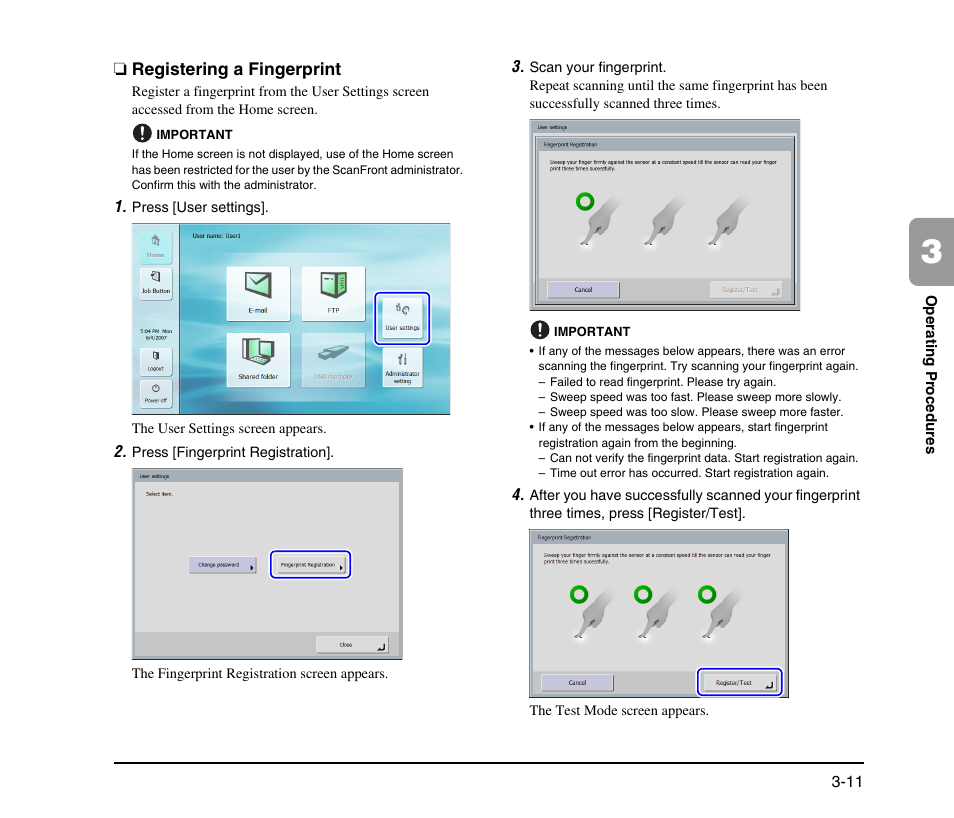 Registering a fingerprint, Registering a fingerprint -11 | Canon SCANFRONT M11058 User Manual | Page 41 / 88
