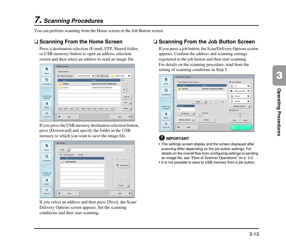 Scanning procedures, Scanning from the home screen, Scanning from the job button screen | Scanning procedures -13, See “scanning procedures” on p. 3-13.) | Canon SCANFRONT M11058 User Manual | Page 43 / 88