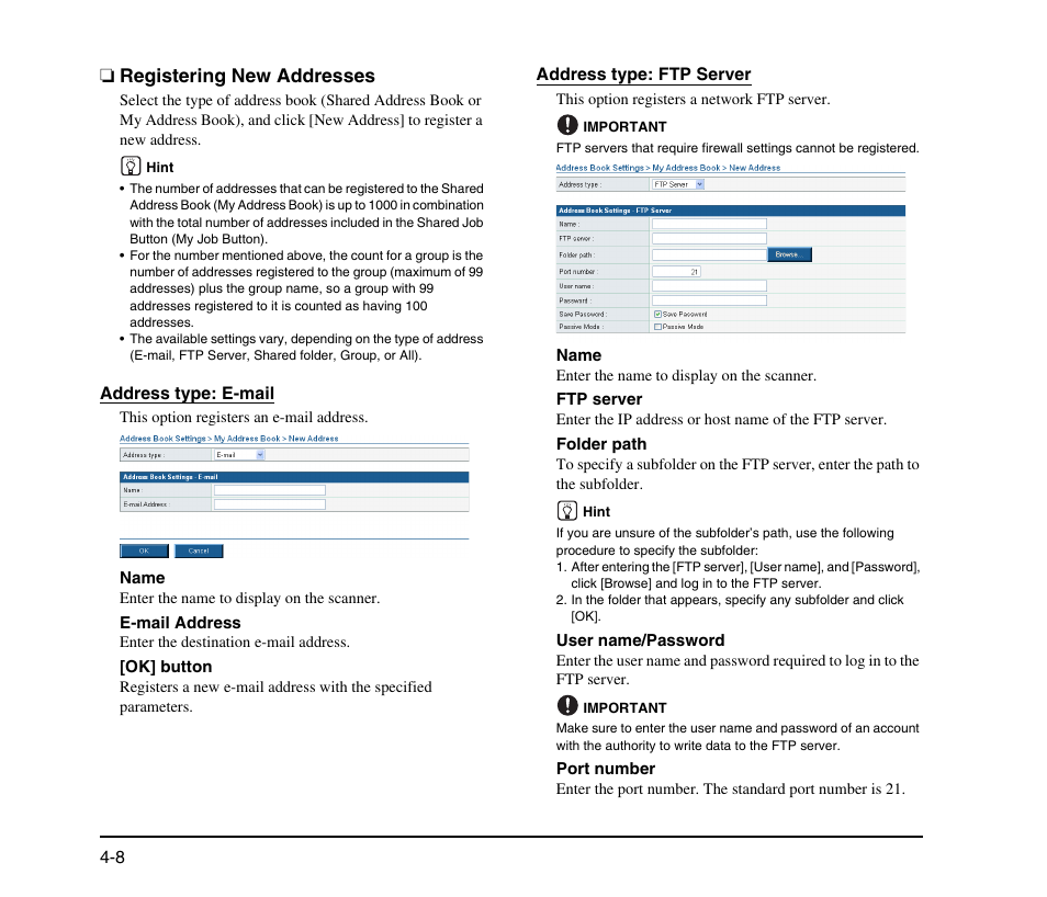 Registering new addresses, Registering new addresses -8, Entry.(see “registering new addresses” on p. 4-8.) | Canon SCANFRONT M11058 User Manual | Page 68 / 88