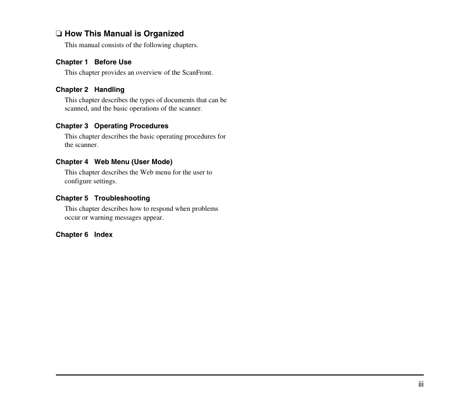 How this manual is organized | Canon SCANFRONT M11058 User Manual | Page 7 / 88