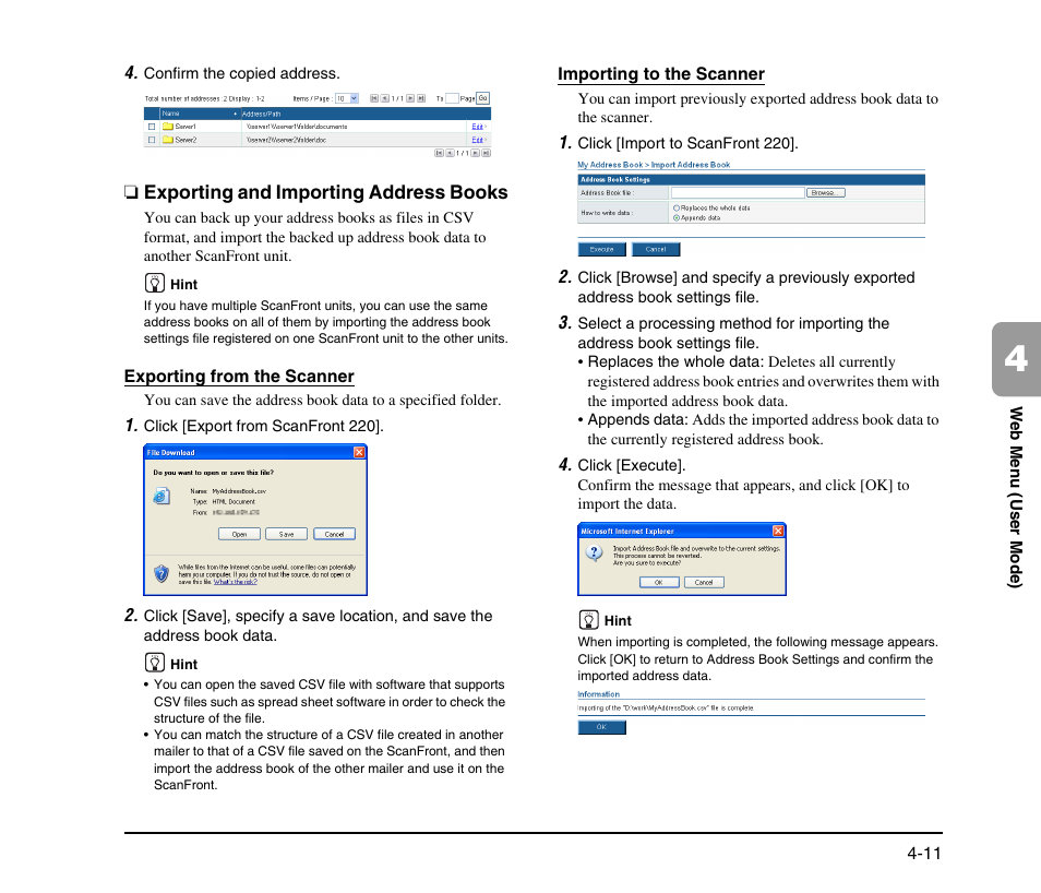 Exporting and importing address books, Exporting and importing address books -11 | Canon SCANFRONT M11058 User Manual | Page 71 / 88