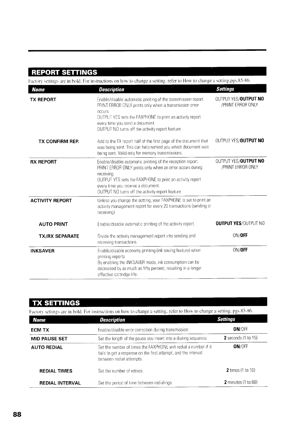 Report settings, 1 tx settings 1 | Canon B550 User Manual | Page 100 / 136