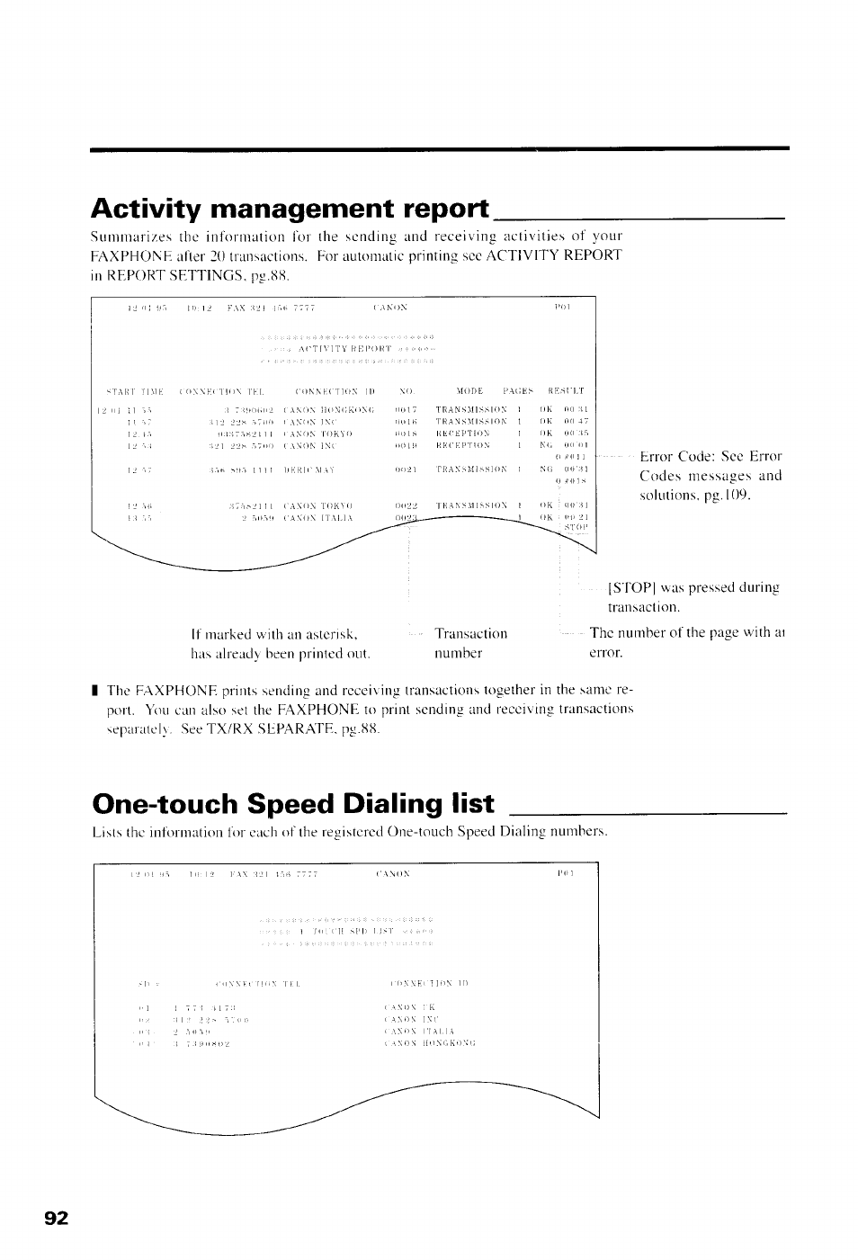 Activity management report, One-touch speed dialing list | Canon B550 User Manual | Page 104 / 136