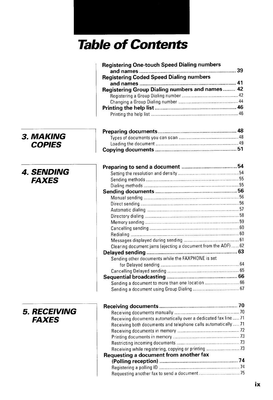 Table of contente, Making copies 4. sending faxes 5. receiving faxes | Canon B550 User Manual | Page 11 / 136