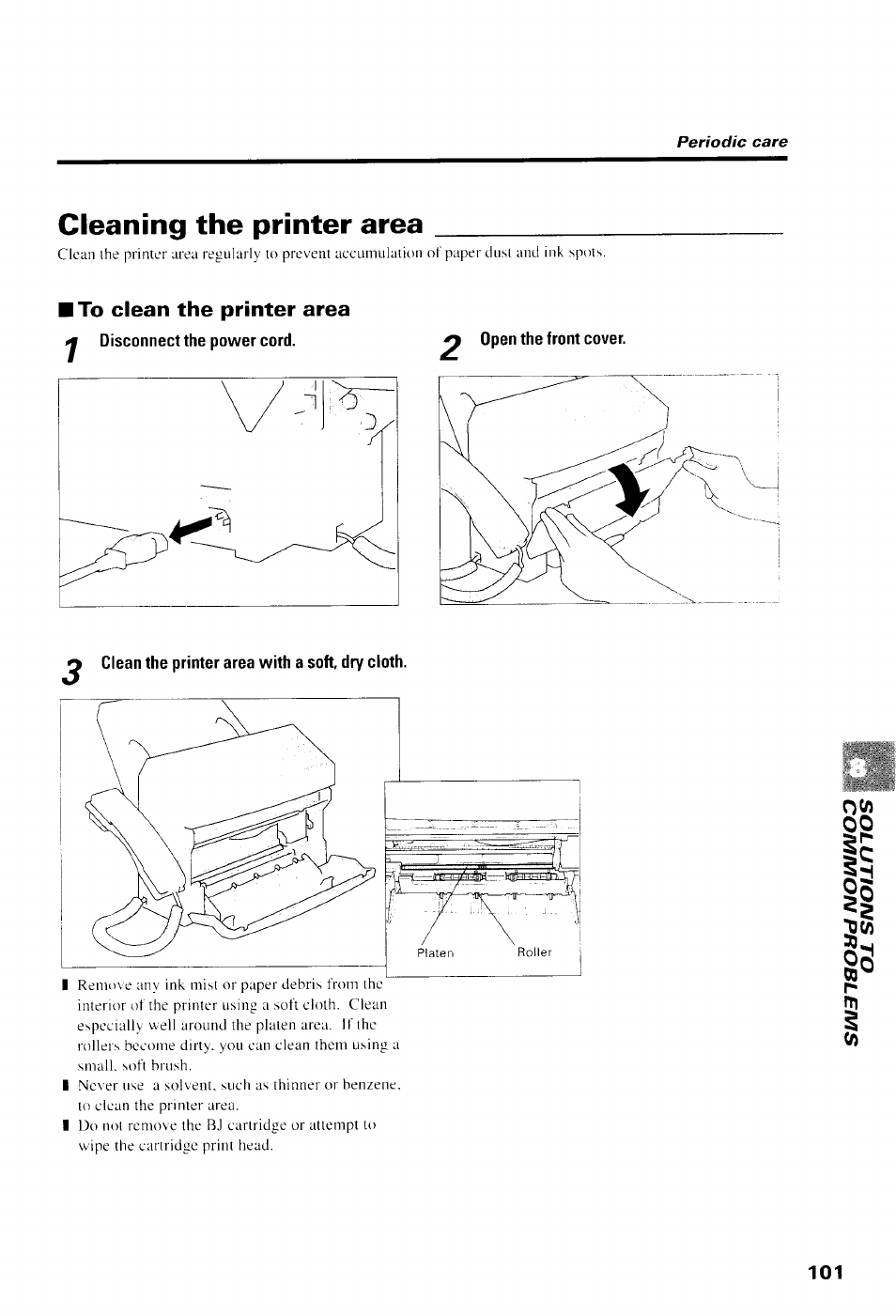 Cleaning the printer area, To clean the printer area, J disconnect the power cord | Clean the printer area with a soft, dry cloth | Canon B550 User Manual | Page 113 / 136