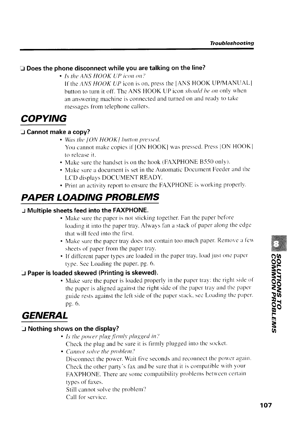Cannot make a copy, J multiple sheets feed into the faxphone, L paper is loaded skewed (printing is skewed) | 1 nothing shows on the display, Copying, Paper loading problems, General | Canon B550 User Manual | Page 119 / 136