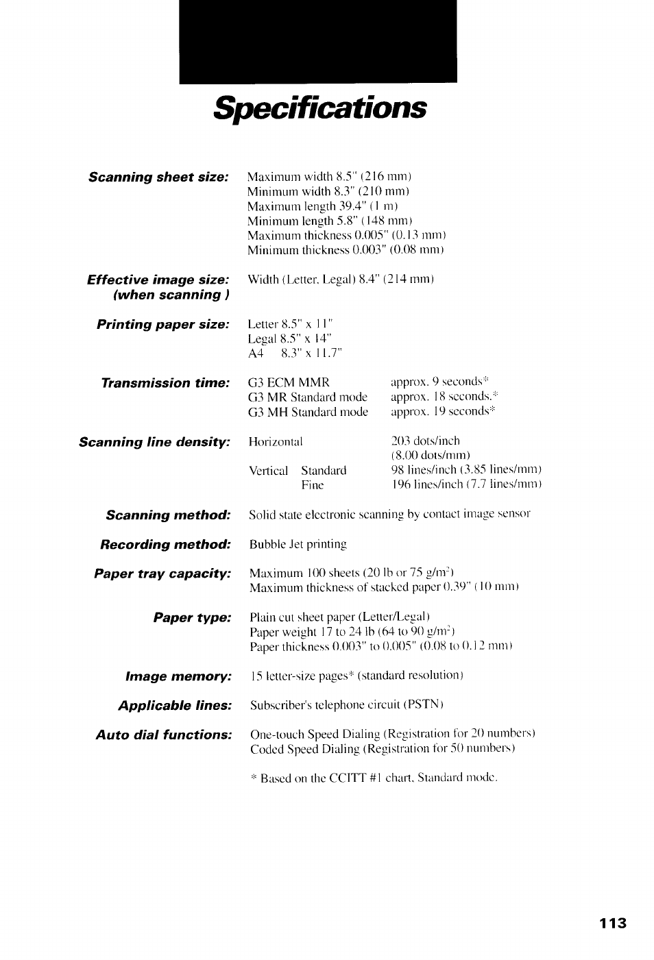 Specifications | Canon B550 User Manual | Page 125 / 136