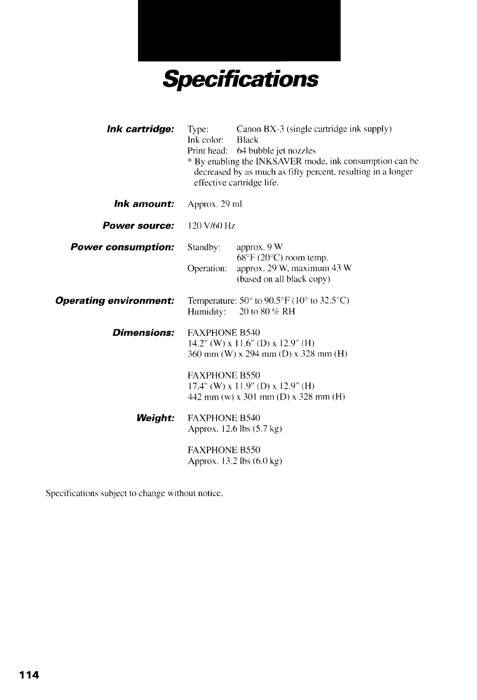 Specifications | Canon B550 User Manual | Page 126 / 136