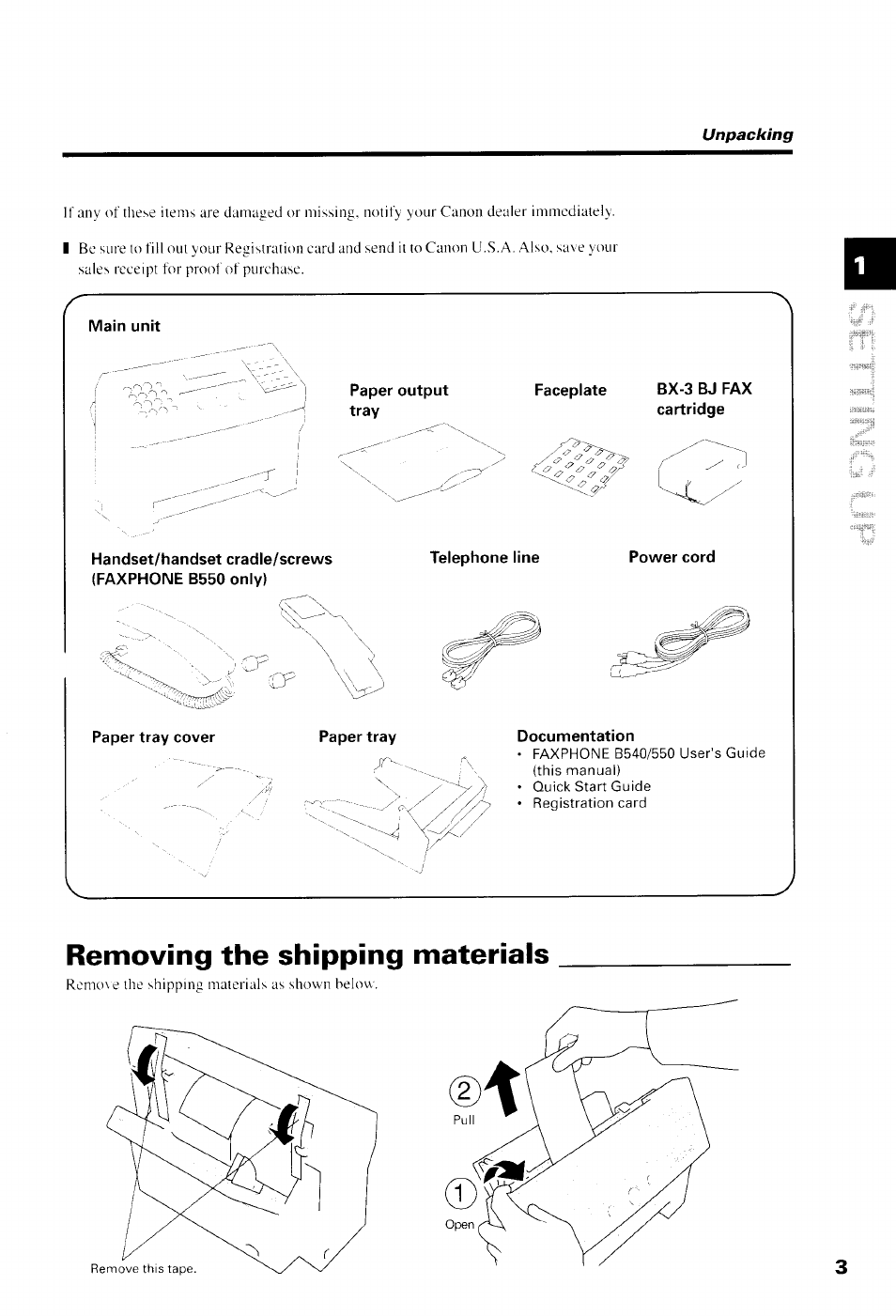 Removing the shipping materials | Canon B550 User Manual | Page 15 / 136