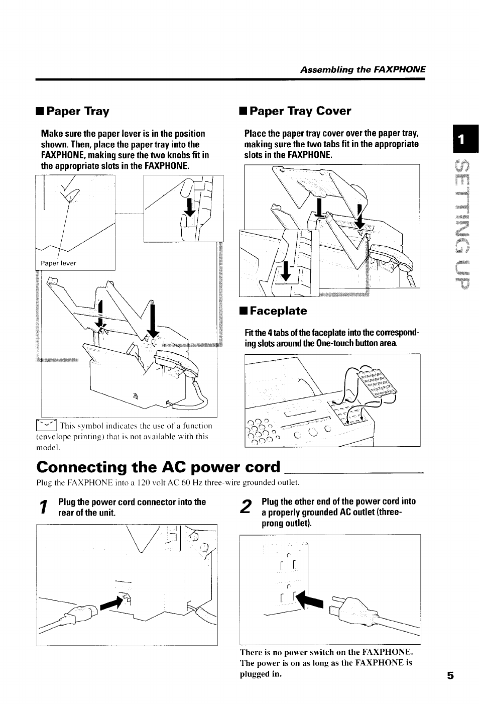 Paper tray, Paper tray cover, Connecting the ac power cord | Canon B550 User Manual | Page 17 / 136