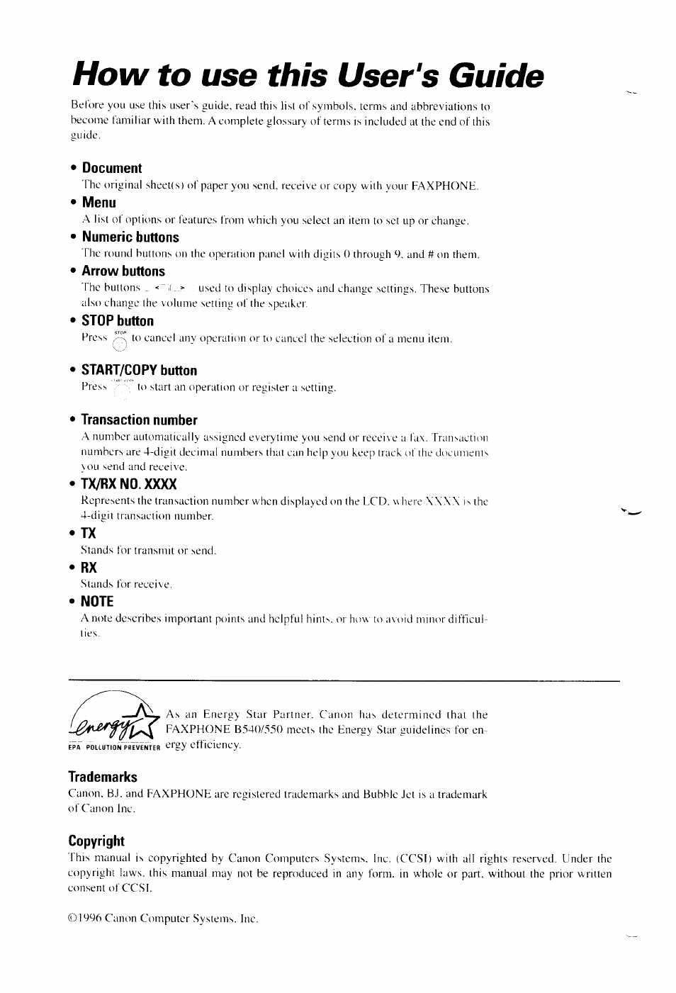 How to use this user's guide, Document, Menu | Numeric buttons, Arrow buttons, Stop button, Start/copy button, Transaction number, Tx/rx no. xxxx, Note | Canon B550 User Manual | Page 2 / 136