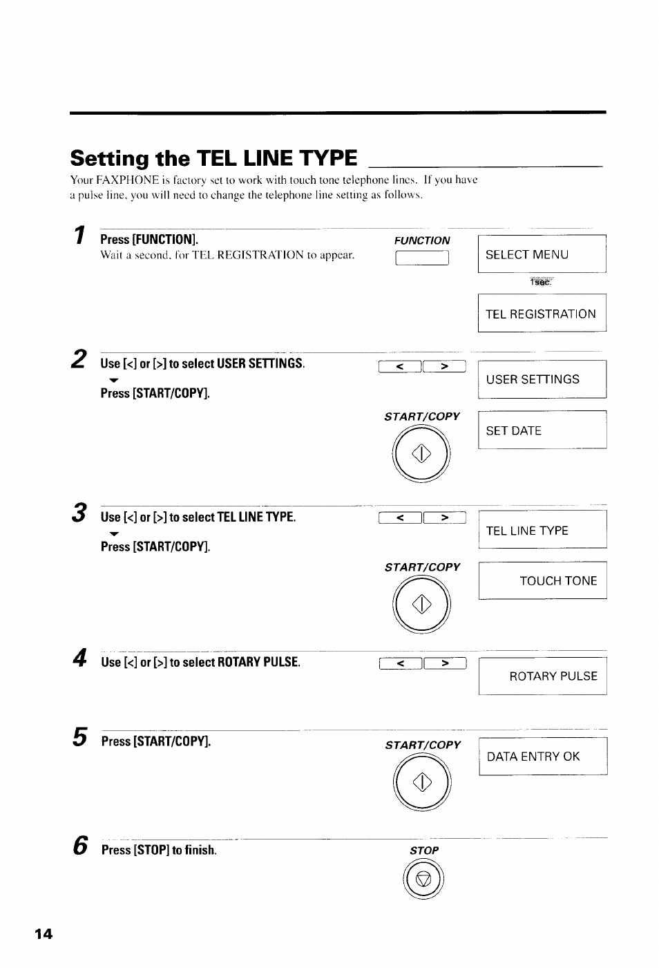Setting the tel line type, 7 press [function, Use [<] or [>] to select rotary pulse | Press [start/copy | Canon B550 User Manual | Page 26 / 136