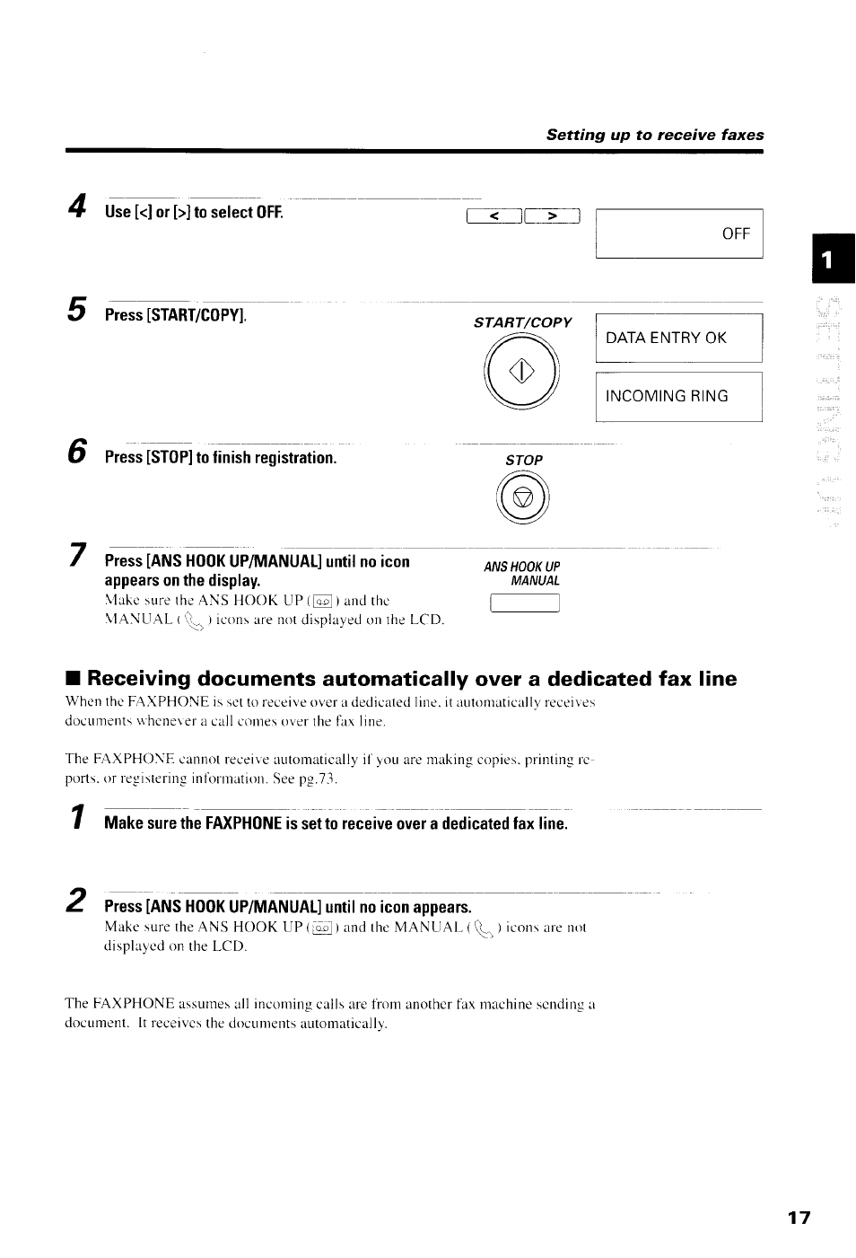 Use [<] or [>] to select off, Press [start/copy, Press [stop] to finish registration | Data entry ok, Incoming ring, Press [ans hook up/manual] until no icon appears | Canon B550 User Manual | Page 29 / 136