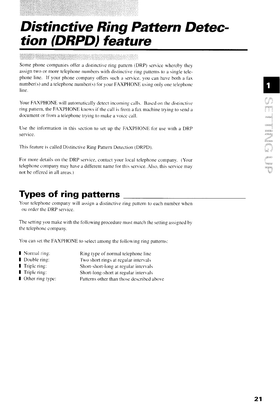 Ring pattern detection (drpd) feature, Types of ring patterns, Ring pattern detec­ tion (drpd) feature | Canon B550 User Manual | Page 33 / 136