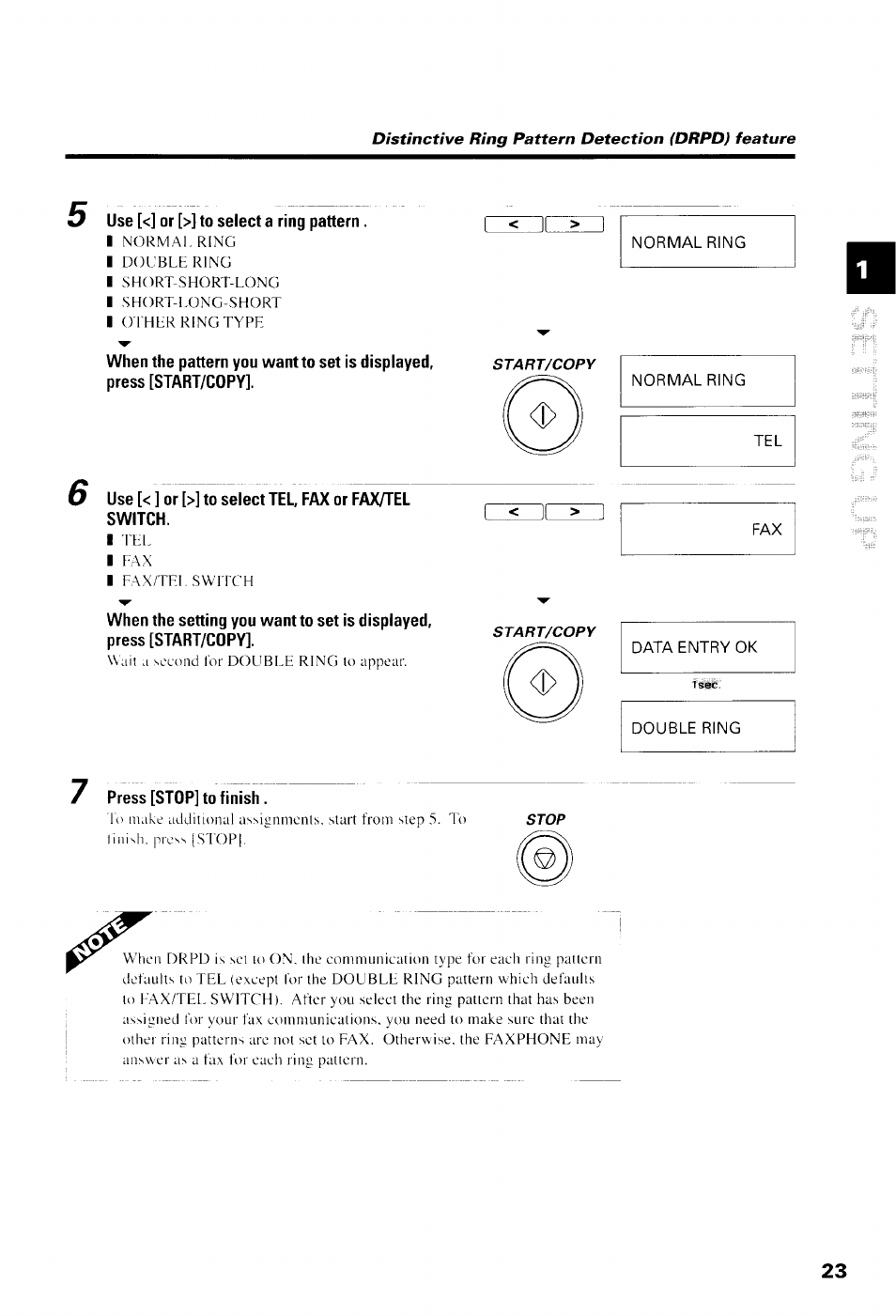 Use [<] or [>] to select a ring pattern, Normal ring, Data entry ok | Double ring, Press [stop] to finish | Canon B550 User Manual | Page 35 / 136