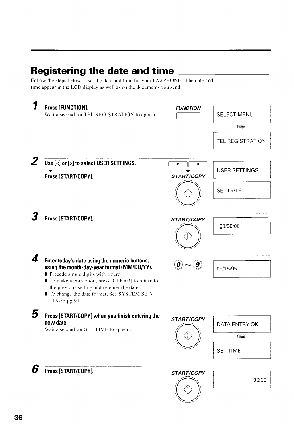 Registering the date and time, Press [function, Select menu | Tel registration, Press [start/copy, User settings, Set date, Data entry ok, Settime | Canon B550 User Manual | Page 48 / 136