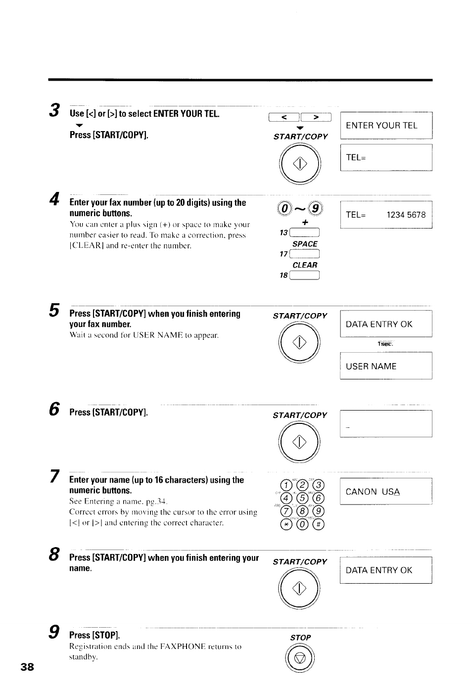 Data entry ok, User name, Press [start/copy | Canon usa, 0w(e) | Canon B550 User Manual | Page 50 / 136