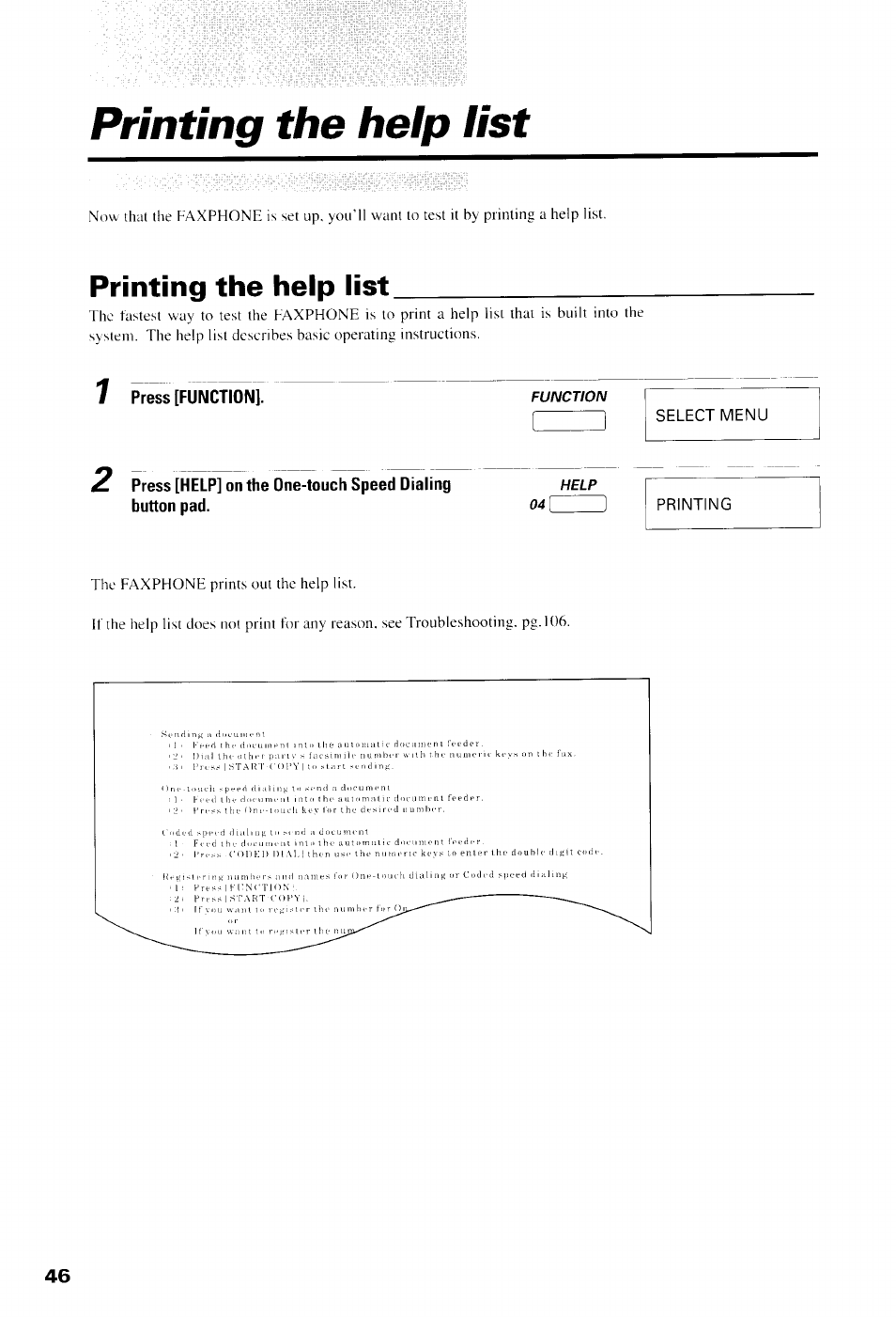 Printing the help list, Press [function, Select menu | Printing | Canon B550 User Manual | Page 58 / 136