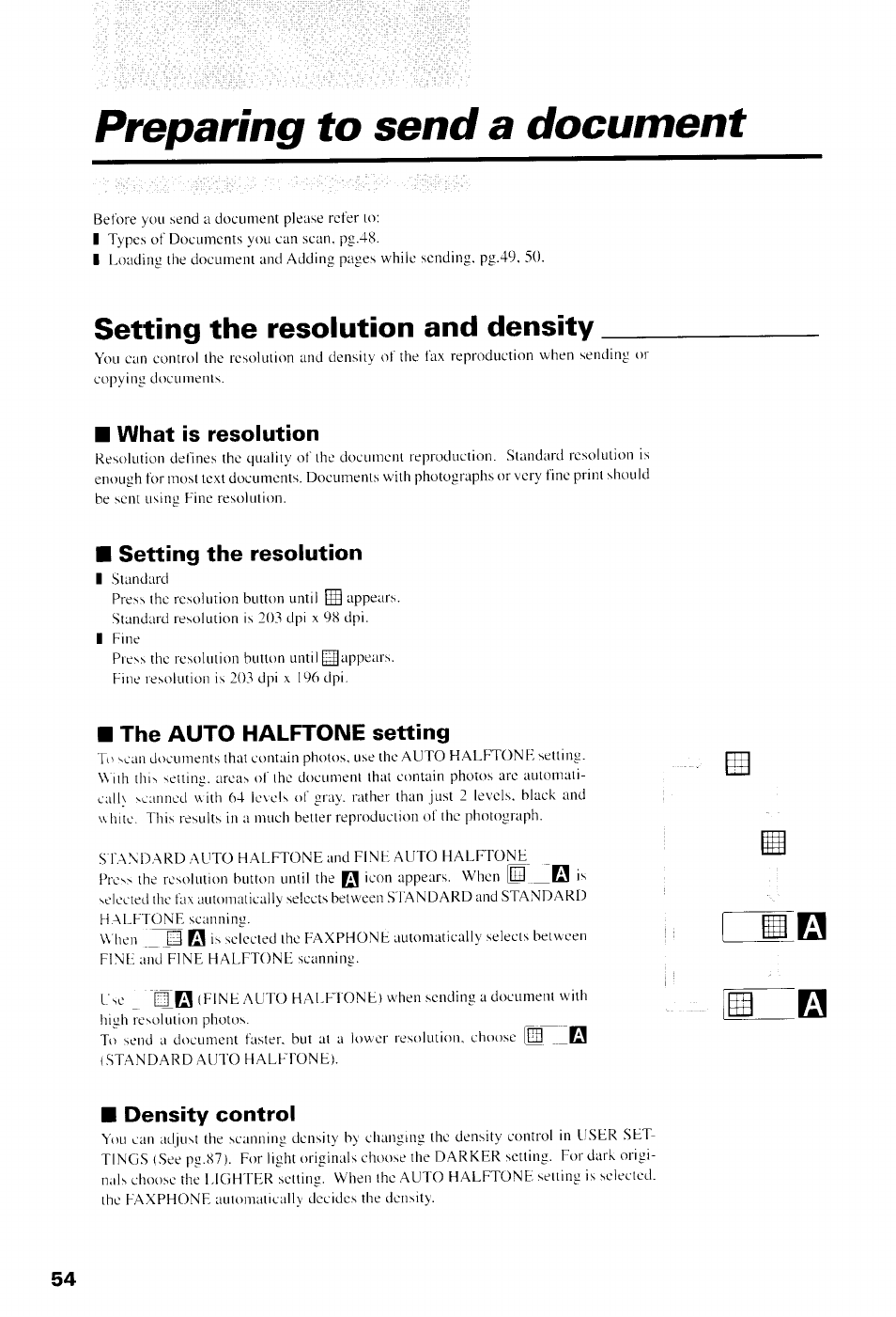 Preparing to send a document, Setting the resolution and density | Canon B550 User Manual | Page 66 / 136