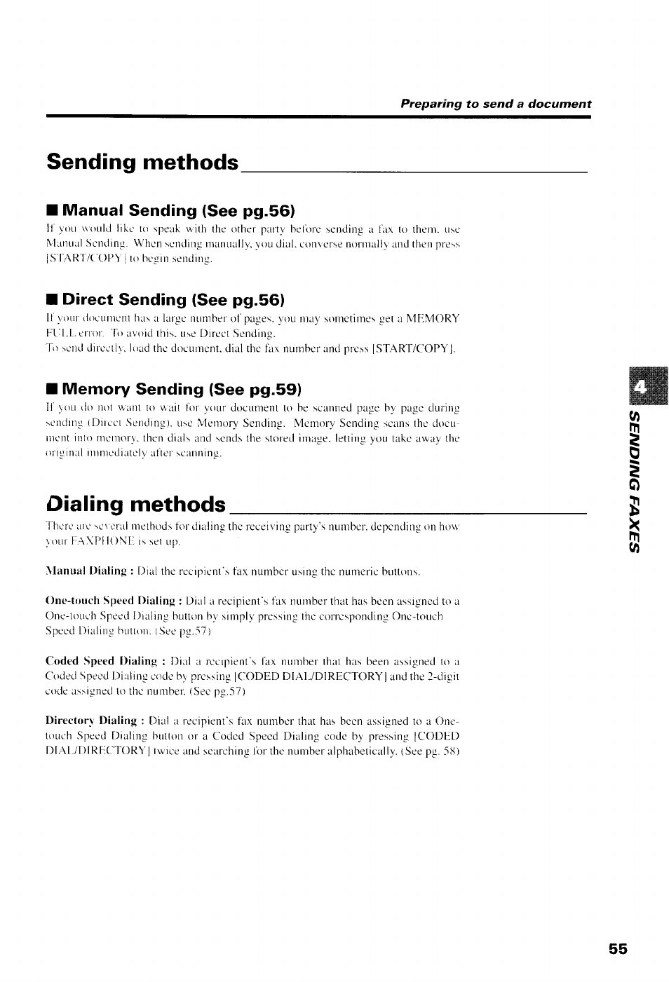 Sending methods, Manual sending (see pg.56), Direct sending (see pg.56) | Memory sending (see pg.59), Dialing methods | Canon B550 User Manual | Page 67 / 136