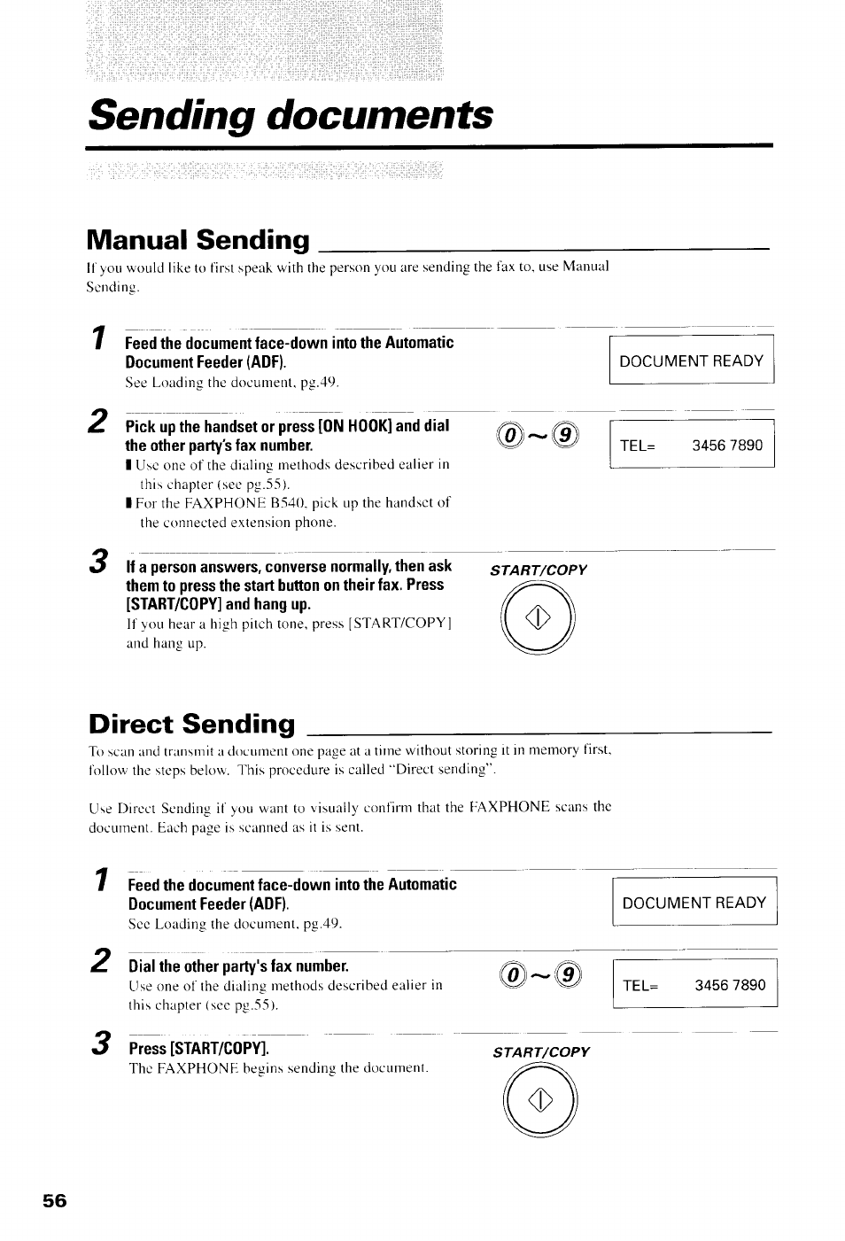 Manual sending, Direct sending, Document ready | Manual sending direct sending, Sending documents | Canon B550 User Manual | Page 68 / 136