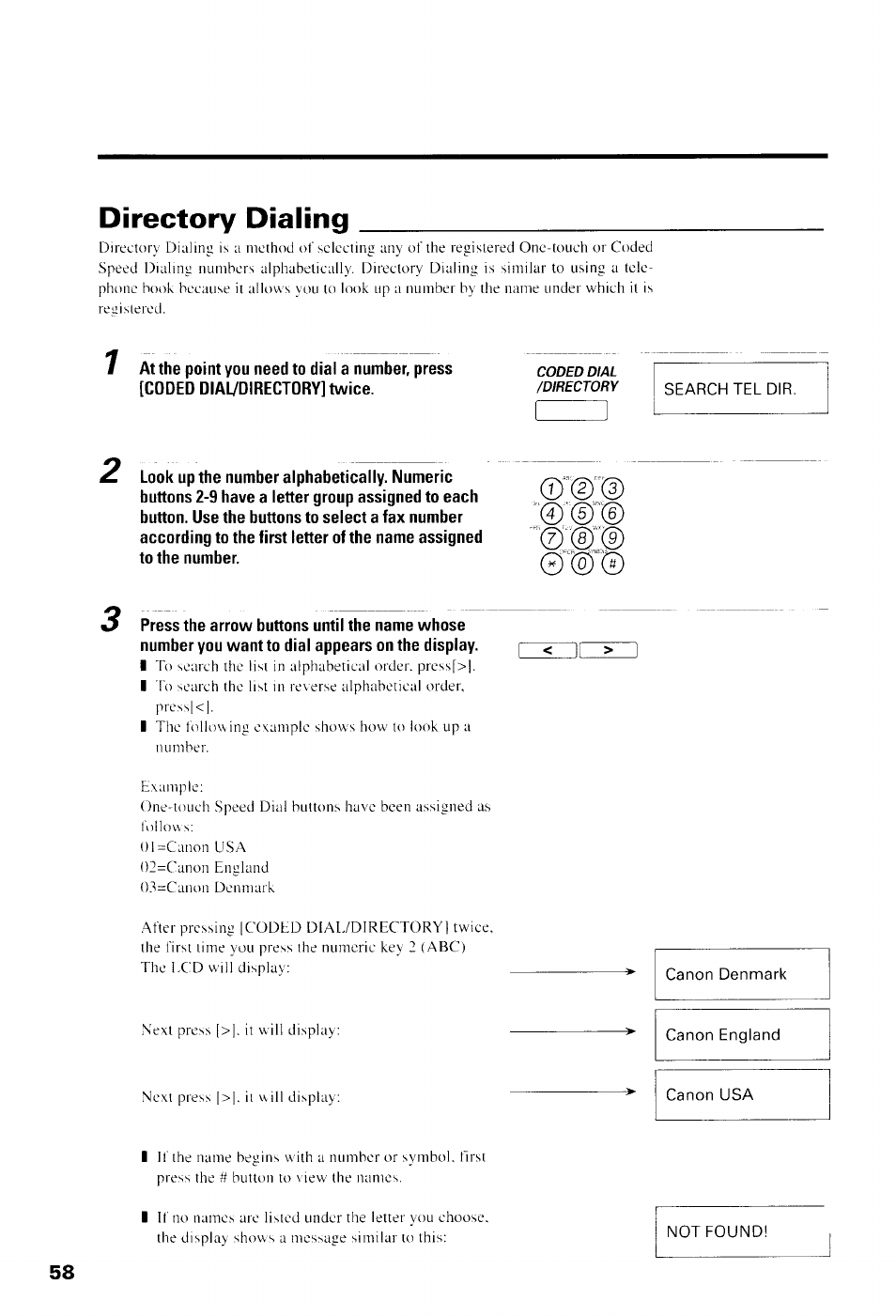 Directory dialing, Search tel dir, Canon denmark | Canon england, Canon usa, Not found | Canon B550 User Manual | Page 70 / 136
