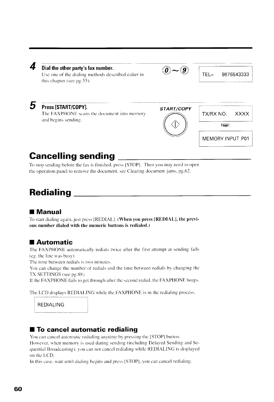 Dial the other party's fax numher, Press [start/copy, Cancelling sending | Tx/rx no. xxxx, Memory input p01, Redialing, Manual, Automatic, To cancel automatic redialing, Cancelling sending redialing | Canon B550 User Manual | Page 72 / 136