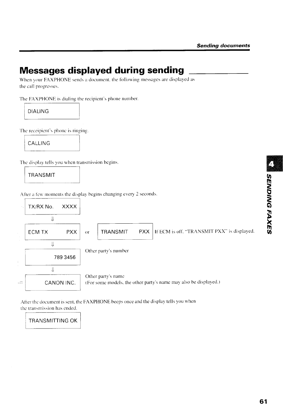 Messages displayed during sending, Dialing, Calling | Transmit, Tx/rx no. xxxx, Ecm tx pxx or, Transmit pxx, Transmitting ok | Canon B550 User Manual | Page 73 / 136