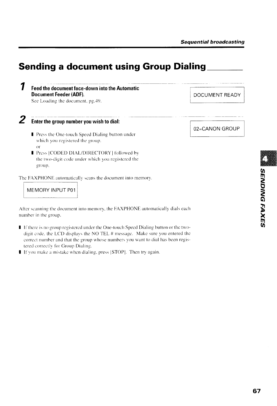Sending a document using group dialing, Document ready, Enter the group number you wish to dial | Memory input p01, 02=canon group | Canon B550 User Manual | Page 79 / 136