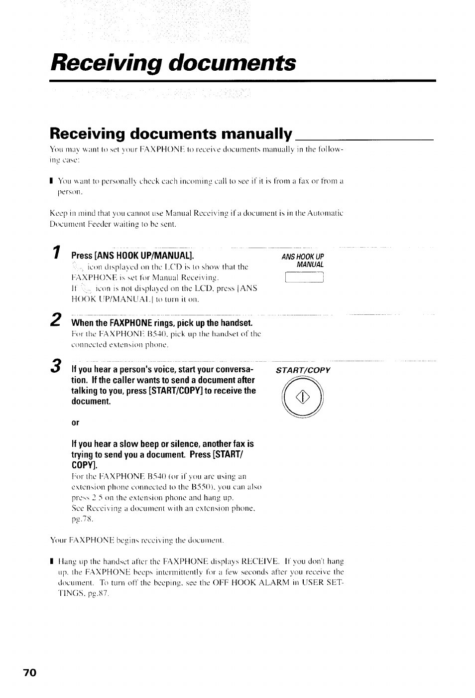 Documents, Receiving documents manually, Receiving documents | Canon B550 User Manual | Page 82 / 136