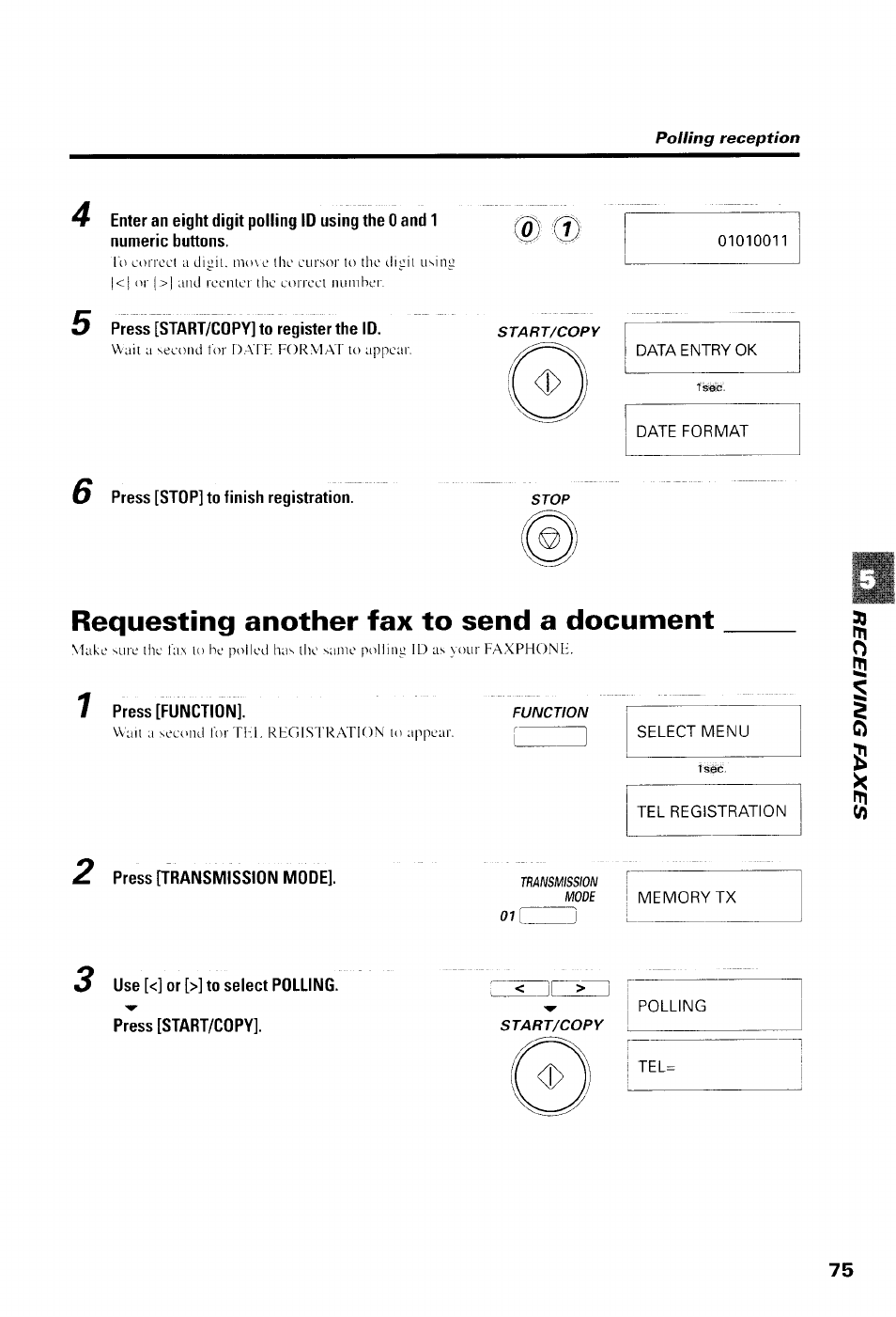 Press [start/copy] to register the id, Press [stdp] to finish registration, Requesting another fax to send a document | 7 press [function, Press [transmission mode, 3 use [<] or [>] to select polling, Requesting anotherfaxto send a document | Canon B550 User Manual | Page 87 / 136