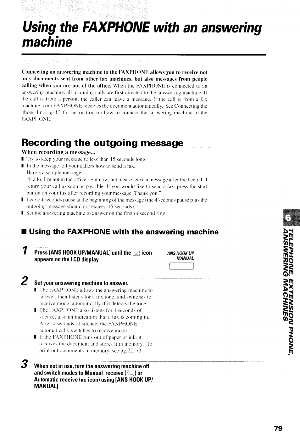 Using the faxphone with an answering machine, Recording the outgoing message, When recording a message | Using the faxphone with the answering machine | Canon B550 User Manual | Page 91 / 136