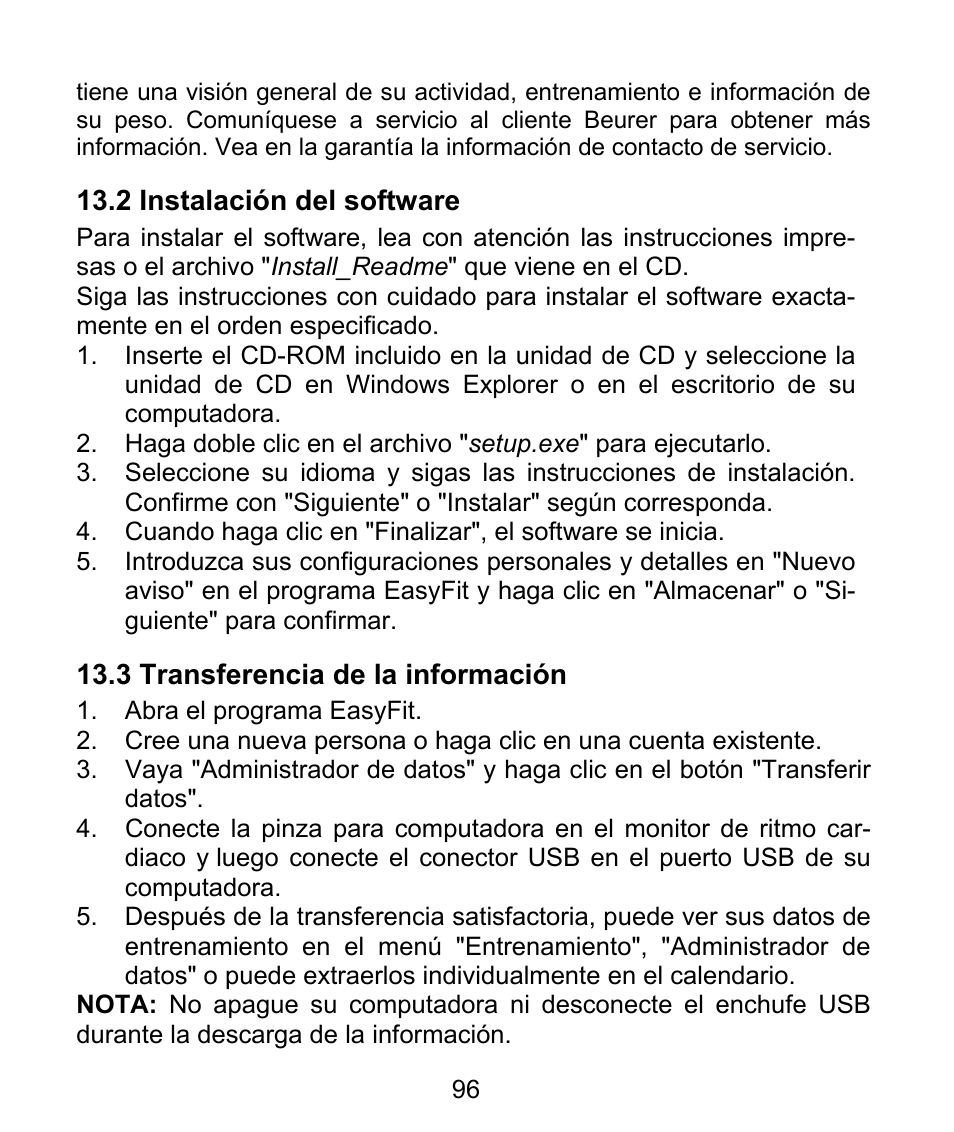 2 instalación del software, 3 transferencia de la información | Beurer PM 62 User Manual | Page 97 / 112