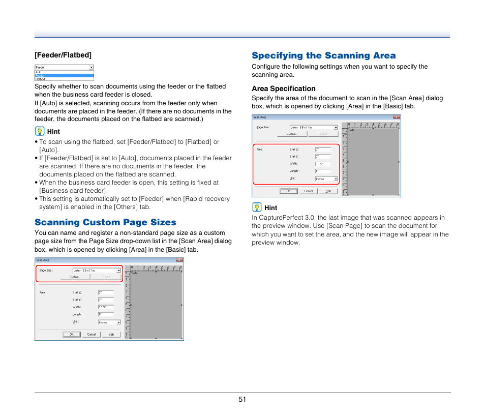Specifying the scanning area, Scanning custom page sizes | Canon IMAGEFORMULA DR-2020U User Manual | Page 51 / 77